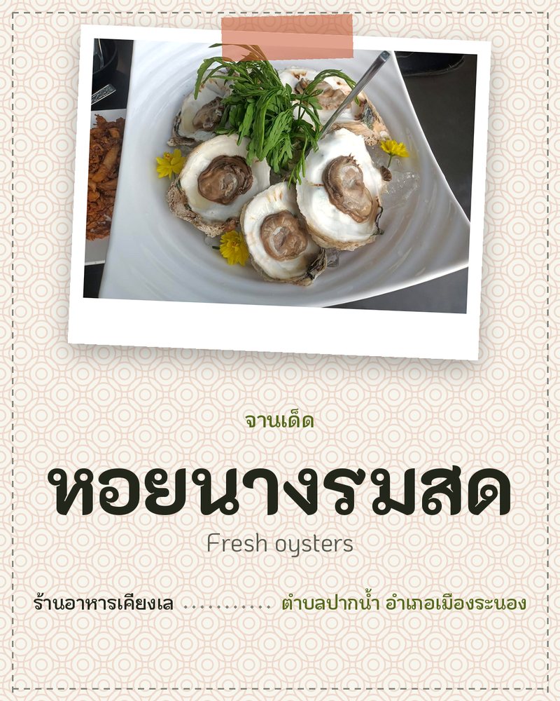 จานเด็ด: หอยนางรมสด (Fresh oysters) · ร้านอาหารเคียงเล · ตำบลปากน้ำ อำเภอเมืองระนอง